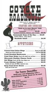 Coyote Roadhouse Menu, Door County Restaurants